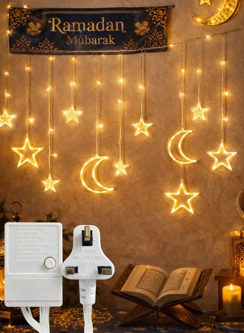 F.A.M.S Ramadan Curtain LED Lights – Moon & Star Warm White Fairy Lights with 8 Lighting Modes, UK Plug, Decorative Wall Hanging Lights for Home, Eid & Ramadan Decor - Image 1